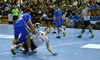Marvin Lier of Switzerland (R) and Darko Cingesar of Slovenia (L) during EHF European championships qualifications match between Slovenia and Switzerland. EHF European championships qualifications match between Slovenia and Switzerland was played on Wednesday, 2nd of November 2016 in Rdeca dvorana in Velenje, Slovenia.
