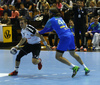 Roman Sidorowicz of Switzerland (L) and Dean Bombac of Slovenia (R) during EHF European championships qualifications match between Slovenia and Switzerland. EHF European championships qualifications match between Slovenia and Switzerland was played on Wednesday, 2nd of November 2016 in Rdeca dvorana in Velenje, Slovenia.
