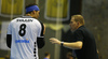 Michal Svajlen of Switzerland (L) and head coach of Switzerland, Michael Suter (R) during EHF European championships qualifications match between Slovenia and Switzerland. EHF European championships qualifications match between Slovenia and Switzerland was played on Wednesday, 2nd of November 2016 in Rdeca dvorana in Velenje, Slovenia.
