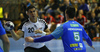 Luka Maros of Switzerland (L) and Nik Henigman of Slovenia (R) during EHF European championships qualifications match between Slovenia and Switzerland. EHF European championships qualifications match between Slovenia and Switzerland was played on Wednesday, 2nd of November 2016 in Rdeca dvorana in Velenje, Slovenia.
