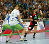 Vid Poteko of Slovenia (L) and Fabian Wiede of Germany during EHF European championships qualifications match between Slovenia and Germany. EHF European championships qualifications match between Slovenia and Germany was played on Wednesday, 3rd of May 2017 in Stozice arena in Ljubljana, Slovenia.

