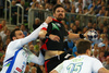 Nik Henigman of Slovenia (L) Fabian Wiede of Germany (M) and Vid Poteko of Slovenia (R) during EHF European championships qualifications match between Slovenia and Germany. EHF European championships qualifications match between Slovenia and Germany was played on Wednesday, 3rd of May 2017 in Stozice arena in Ljubljana, Slovenia.
