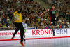 Goalie Urban Lesjak of Slovenia and Patrick Groetzki of Germany during EHF European championships qualifications match between Slovenia and Germany. EHF European championships qualifications match between Slovenia and Germany was played on Wednesday, 3rd of May 2017 in Stozice arena in Ljubljana, Slovenia.
