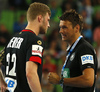 Philipp Weber of Germany and coach Christian Prokop during EHF European championships qualifications match between Slovenia and Germany. EHF European championships qualifications match between Slovenia and Germany was played on Wednesday, 3rd of May 2017 in Stozice arena in Ljubljana, Slovenia.
