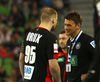 Paul Drux of Germany and coach Christian Prokop during EHF European championships qualifications match between Slovenia and Germany. EHF European championships qualifications match between Slovenia and Germany was played on Wednesday, 3rd of May 2017 in Stozice arena in Ljubljana, Slovenia.
