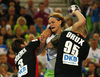 Uwe Gensheimer of Germany, (L) Jure Dolenec of Slovenia (M) and Paul Drux of Germany (R) during EHF European championships qualifications match between Slovenia and Germany. EHF European championships qualifications match between Slovenia and Germany was played on Wednesday, 3rd of May 2017 in Stozice arena in Ljubljana, Slovenia.
