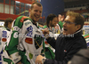 Coach of HDD Tilia Olimpija, Hannu Jarvenpaa celebrating Slovenia national championships title with his players after ice hockey match of Slovenian league finals 2011-2012 between HK Acroni Jesenice and HDD Tilia Olimpija. Match between HK Acroni Jesenice and HDD Tilia Olimpija was held on Monday, 2nd of April 2012 in Jesenice, Slovenia. 

