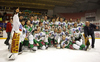 Players of HDD Tilia Olimpija celebrating Slovenia national championships title after ice hockey match of Slovenian league finals 2011-2012 between HK Acroni Jesenice and HDD Tilia Olimpija. Match between HK Acroni Jesenice and HDD Tilia Olimpija was held on Monday, 2nd of April 2012 in Jesenice, Slovenia. 
