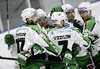 HDD Tilia Olimpija players celebrating their goal during ice hockey match of Slovenian league finals 2011-2012 between HK Acroni Jesenice and HDD Tilia Olimpija. Match between HK Acroni Jesenice and HDD Tilia Olimpija was held on Monday, 2nd of April 2012 in Jesenice, Slovenia. 
