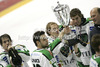 Players of HDD Tilia Olimpija with Brock McBride and Ziga Pance, celebrating Slovenia national championships title after ice hockey match of Slovenian league finals 2011-2012 between HK Acroni Jesenice and HDD Tilia Olimpija. Match between HK Acroni Jesenice and HDD Tilia Olimpija was held on Monday, 2nd of April 2012 in Jesenice, Slovenia. 
