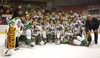 Players of HDD Tilia Olimpija celebrating Slovenia national championships title after ice hockey match of Slovenian league finals 2011-2012 between HK Acroni Jesenice and HDD Tilia Olimpija. Match between HK Acroni Jesenice and HDD Tilia Olimpija was held on Monday, 2nd of April 2012 in Jesenice, Slovenia. 
