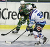 Kevin DeVergilio (51) HDD Telemach Olimpija and Marco Pewal (36) of EC VSV during match of EBEL league Ice hockey tournament between HDD Telemach Olimpija and EC VSV, Villach. Match between HDD Telemach Olimpija and EC VSV, Villach was held in Ljubljana Hala Tivoli arena, Slovenia, on Friday, 16th of November 2012.

