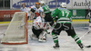 Nik Zupancic (no.17) of ZM Olimpija (R) infront of goalie Goalie Seamus Kotyk (no.1) of HC TWK Innsbruck (L) while Egon Muric (no.15) of ZM Olimpija (M) scoring for 4:1, during match of 46th round of EBEL League between ZM Olimpija, Ljubljana, Slovenia and HC TWK Innsbruck, Austria. Match was won by ZM Olimpija who defeated HC TWK Innsbruck with 5:2. Match was played in Tivoli Arena in Ljubljana, Slovenia on 3rd of February 2008.
