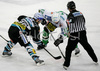 Rob Shearer (no.19) of EHC Black Wings Linz (L) and Todd Elik (no.12) of ZM Olimpija (R) fighting for puck during second half finals match of EBEL League between ZM Olimpija, Ljubljana, Slovenia and EHC Black Wings Linz, Austria. Match was won by ZM Olimpija who defeated EHC Black Wings Linz with 3:2. Match was played in Tivoli Arena in Ljubljana, Slovenia on 28th of February 2008.
