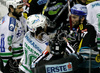 Brendan Yarema (no.10) of ZM Olimpija (L) and Francois Groleau (no.17) of EHC Black Wings Linz (R) in small fight during second half finals match of EBEL League between ZM Olimpija, Ljubljana, Slovenia and EHC Black Wings Linz, Austria. Match was won by ZM Olimpija who defeated EHC Black Wings Linz with 3:2. Match was played in Tivoli Arena in Ljubljana, Slovenia on 28th of February 2008.

