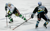 Jeremiah Mccarthy (no.27) of ZM Olimpija (L) and Pat Leahy (no.71) of EHC Black Wings Linz (R) during second half finals match of EBEL League between ZM Olimpija, Ljubljana, Slovenia and EHC Black Wings Linz, Austria. Match was won by ZM Olimpija who defeated EHC Black Wings Linz with 3:2. Match was played in Tivoli Arena in Ljubljana, Slovenia on 28th of February 2008.
