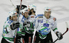 Players of  Zm Olimpija celebrating their second goal in second half finals match of EBEL League between ZM Olimpija, Ljubljana, Slovenia and EHC Black Wings Linz, Austria. Match was won by ZM Olimpija who defeated EHC Black Wings Linz with 3:2. Match was played in Tivoli Arena in Ljubljana, Slovenia on 28th of February 2008.
