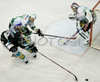 Gregor Baumgartne (no.79) of EHC Black Wings Linz (L) and Jeremiah Mccarthy (no.27) of ZM Olimpija (M) infront of goalie Alex Westlund (no.30) of ZM Olimpija (R) during second half finals match of EBEL League between ZM Olimpija, Ljubljana, Slovenia and EHC Black Wings Linz, Austria. Match was won by ZM Olimpija who defeated EHC Black Wings Linz with 3:2. Match was played in Tivoli Arena in Ljubljana, Slovenia on 28th of February 2008.
