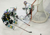 Gregor Baumgartne (no.79) of EHC Black Wings Linz (L) and Jeremiah Mccarthy (no.27) of ZM Olimpija (M) infront of goalie Alex Westlund (no.30) of ZM Olimpija (R) during second half finals match of EBEL League between ZM Olimpija, Ljubljana, Slovenia and EHC Black Wings Linz, Austria. Match was won by ZM Olimpija who defeated EHC Black Wings Linz with 3:2. Match was played in Tivoli Arena in Ljubljana, Slovenia on 28th of February 2008.
