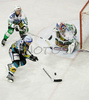 Rob Shearer (no.19) of EHC Black Wings Linz (M) amd Pasi Petrilainen (no.38) of ZM Olimpija (L) infront of goalie Alex Westlund (no.30) of ZM Olimpija (R) during second half finals match of EBEL League between ZM Olimpija, Ljubljana, Slovenia and EHC Black Wings Linz, Austria. Match was won by ZM Olimpija who defeated EHC Black Wings Linz with 3:2. Match was played in Tivoli Arena in Ljubljana, Slovenia on 28th of February 2008.
