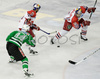 Marco Pewal (no.36) of Red Bull Salzburg (M), Andrej Tavzelj (no.44) of ZM Olimpija (L) and Daniel Welser (no.20) of Red Bull Salzburg (R) during second match of finals of EBEL League between ZM Olimpija, Ljubljana, Slovenia and Red Bull Salzburg, Austria. Match was won by Red Bull Salzburg who defeated ZM Olimpija with 1:3. Match was played in Tivoli Arena in Ljubljana, Slovenia on 16th of March 2008.

