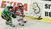Matthias Trattnig (no.51) of Red Bull Salzburg (R) and Raffaele Intranuovo (no.9) of ZM Olimpija (L) during second match of finals of EBEL League between ZM Olimpija, Ljubljana, Slovenia and Red Bull Salzburg, Austria. Match was won by Red Bull Salzburg who defeated ZM Olimpija with 1:3. Match was played in Tivoli Arena in Ljubljana, Slovenia on 16th of March 2008.
