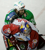 Tomaz Vnuk (no.24) of ZM Olimpija (back) and Victor Lindgren (no.17) of Red Bull Salzburg (front) during second match of finals of EBEL League between ZM Olimpija, Ljubljana, Slovenia and Red Bull Salzburg, Austria. Match was won by Red Bull Salzburg who defeated ZM Olimpija with 1:3. Match was played in Tivoli Arena in Ljubljana, Slovenia on 16th of March 2008.
