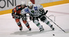 Frank Banham (no.38) of HDD Tilia Olimpija (R) and Mitja Robar (no.51) of HK Acroni Jesenice (L) during match of Erste Bank Eishockey Liga 2008-09 between HK Acroni Jesenice, Jesenice, Slovenia and HDD Tilia Olimpija, Ljubjana, Slovenia. HK Acroni Jesenice won match and defeated HDD Tilia Olimpija 8:2. Match of EBEL League was played in Podmezaklja arena in Jesenice, Slovenia on 12th of October 2008.
