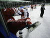 Patryk Wajda (no.4) of Poland (L) and Ales Music (no.16) of Slovenia (R) during ice hockey match of IIHF Ice hockey World championships Division I, group B between Slovenia and Poland. Match between Slovenia and Poland of IIHF Ice hockey World championships Division I, group B was held on Saturday, 17th of April 2010 in Ljubljana, Slovenia. Slovenia defeated Poland with 3-2.
