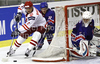 Mariusz Duleba (no.5) of Poland (L) and Mark Richardson (no.10) of Great Britain (M), while goalie Stephen Murphy (no.1) of Great Britain (R) observing action during ice hockey match of IIHF Ice hockey World championships Division I, group B between Great Britain and Poland. Match between Great Britain and Poland of IIHF Ice hockey World championships Division I, group B was held on Friday, 23rd of April 2010 in Ljubljana, Slovenia.
