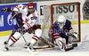 Mariusz Duleba (no.5) of Poland (M) and Mark Richardson (no.10) of Great Britain (L), while goalie Stephen Murphy (no.1) of Great Britain (R) observing action during ice hockey match of IIHF Ice hockey World championships Division I, group B between Great Britain and Poland. Match between Great Britain and Poland of IIHF Ice hockey World championships Division I, group B was held on Friday, 23rd of April 2010 in Ljubljana, Slovenia.
