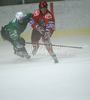 Sabolic Robert (no.55) of HK Jesenice (R) and Igor Cvetek (no.4) of HDD Olimpija (L) during ice hockey match Summer League Rudi Hiti (Poletna liga Rudi Hiti) 2010 between HDD Tilia Olimpija and HK Acroni Jesenice. Match between HDD Tilia Olimpija and HK Acroni Jesenice was held on Friday, 20th of August 2010 in Ljubljana, Slovenia.
