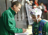 Coach of HDD Olimpija, Hannu Jarvenpaa (L) and Nejc Berlisk (no.28) of HDD Olimpija (R) during ice hockey match Summer League Rudi Hiti (Poletna liga Rudi Hiti) 2010 between HDD Tilia Olimpija and HK Acroni Jesenice. Match between HDD Tilia Olimpija and HK Acroni Jesenice was held on Friday, 20th of August 2010 in Ljubljana, Slovenia.
