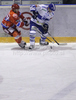 Matevz Erman of HK Acroni Jesenice (L) and Jamie Rivers of KHL Medvescak (R) during match of EBEL Ice hockey league between HK Acroni Jesenice, Slovenia, and KHL Medvescak Zagreb, Croatia. HK Acroni Jesenice and KHL Medvescak Zagreb was played in Podmezakla hall in Jesenice, Slovenia, on Thursday, 30th of December 2010.
