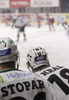 Jure Stopar of HDD Tilia Olimpija (L) and Jure Kralj of HDD Tilia Olimpija (R) during match of EBEL Ice hockey league between HK Acroni Jesenice, Slovenia, and HDD Tilia Olimpija, Ljubljana, Slovenia. Match between HK Acroni Jesenice and Tilia Olimpija was played in Podmezakla hall in Jesenice, Slovenia, on Saturday, 1st of January 2011.
