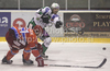 Mitja Robar (L) and Ales Music of HDD Tilia Olimpija (R) during match of EBEL Ice hockey league between HK Acroni Jesenice, Slovenia, and HDD Tilia Olimpija, Ljubljana, Slovenia. Match between HK Acroni Jesenice and Tilia Olimpija was played in Podmezakla hall in Jesenice, Slovenia, on Saturday, 1st of January 2011.
