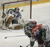 Goalkeeper Jan Chabera of HDD Tilia Olimpija, Bostjan Groznik of HDD Tilia Olimpija, Brett Lysak HK Acroni Jesenice and Matej Hocevar of HDD Tilia Olimpija (R) during match of EBEL Ice hockey league between HK Acroni Jesenice, Slovenia, and HDD Tilia Olimpija, Ljubljana, Slovenia. Match between HK Acroni Jesenice and Tilia Olimpija was played in Podmezakla hall in Jesenice, Slovenia, on Saturday, 1st of January 2011.
