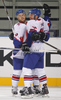 Players of Great Britain celebrating their goal during match of IIHF Ice hockey World championship Division 1 Group A between Slovenia and Great Britain. Match between Slovenia and Great Britain of IIHF Ice hockey World championship Division 1 Group A was held in Stozice Arena in Ljubljana, Slovenia, on Sunday, 15th of April 2012.
