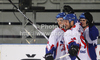 Players of Great Britain celebrating their goal during match of IIHF Ice hockey World championship Division 1 Group A between Slovenia and Great Britain. Match between Slovenia and Great Britain of IIHF Ice hockey World championship Division 1 Group A was held in Stozice Arena in Ljubljana, Slovenia, on Sunday, 15th of April 2012.
