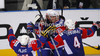 Scorer Tomaz Razingar (no.9) of Slovenia (M) celebrate with his teammates third goal during match of IIHF Ice hockey World championship Division 1 Group A between Slovenia and Great Britain. Match between Slovenia and Great Britain of IIHF Ice hockey World championship Division 1 Group A was held in Stozice Arena in Ljubljana, Slovenia, on Sunday, 15th of April 2012.
