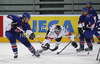 Phil Hill (no.26) of Great Britain (L), Thomas Hundertpfund (no.27) of Austria (M) and Colin Shields (no.19) of Great Britain (R) during match of IIHF Ice hockey World championship Division 1 Group A between Austria and Great Britain. Match between Austria and Great Britain of IIHF Ice hockey World championship Division 1 Group A was held in Stozice Arena in Ljubljana, Slovenia, on Monday, 16th of April 2012.
