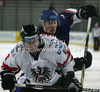 Patrick Harand (no.16) of Austria (front) and David Phillips (no.13) of Great Britain (back) during match of IIHF Ice hockey World championship Division 1 Group A between Austria and Great Britain. Match between Austria and Great Britain of IIHF Ice hockey World championship Division 1 Group A was held in Stozice Arena in Ljubljana, Slovenia, on Monday, 16th of April 2012.
