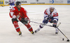 Robert Sabolic (no.25) of Slovenia (R) and Tamas Sille (no.27) of Hungary (L) during match of IIHF Ice hockey World championship Division 1 Group A between Slovenia and Hungary. Match between Slovenia and Hungary of IIHF Ice hockey World championship Division 1 Group A was held in Stozice Arena in Ljubljana, Slovenia, on Wednesday, 18th of April 2012.
