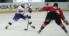 Ziga Jeglic (no.8) of Slovenia (L) and Adam Hegyi (no.8) of Hungary (R) during match of IIHF Ice hockey World championship Division 1 Group A between Slovenia and Hungary. Match between Slovenia and Hungary of IIHF Ice hockey World championship Division 1 Group A was held in Stozice Arena in Ljubljana, Slovenia, on Wednesday, 18th of April 2012.

