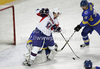 Ziga Jeglic (no.8) of Slovenia in front of goalie Igor Karpenko (no.1) of Ukraine during match of IIHF Ice hockey World championship Division 1 Group A between Slovenia and Ukrain. Match between Slovenia and Ukrain of IIHF Ice hockey World championship Division 1 Group A was held in Stozice Arena in Ljubljana, Slovenia, on Thursday, 19th of April 2012.
