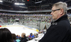 Advisor to Slovenian ice hockey team, Kari Savolainen observing play during match of IIHF Ice hockey World championship Division 1 Group A between Slovenia and Ukrain. Match between Slovenia and Ukrain of IIHF Ice hockey World championship Division 1 Group A was held in Stozice Arena in Ljubljana, Slovenia, on Thursday, 19th of April 2012.
