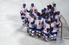 Players of Great Britain celebrating their victory after match of IIHF Ice hockey World championship Division 1 Group A between Great Britain and Hungary. Match between Great Britain and Hungary of IIHF Ice hockey World championship Division 1 Group A was held in Stozice Arena in Ljubljana, Slovenia, on Saturday, 21st of April 2012.
