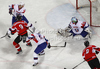 Goalie Robert Kristan (no.30) of Slovenia in action during match of IIHF Ice hockey World championship Division 1 Group A between Slovenia and Austria. Match between Slovenia and Austria of IIHF Ice hockey World championship Division 1 Group A was held in Stozice Arena in Ljubljana, Slovenia, on Saturday, 21st of April 2012.
