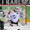 Goalkeeper Brad Thiessen of Helsinki IFK during the European Trophy Icehockey match betweeen Faerjestad BK and Helsinki IFK at the Loefbergs Lila in Karlstad, Sweden on 2013/08/13.
