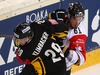 Sven Klimbacher (UPC Vienna Capitals) and Patrick Davis (Karpat Oulu) during the Champions Hockey League match between UPC Vienna Capitals and Karpat Oulu at the Albert Schultz Ice Arena, Vienna, Austria on 2014/11/11.
